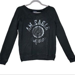 American Eagle Women's Sz S Petite Crew Neck Long-sleeve Black  Sweatshirt
